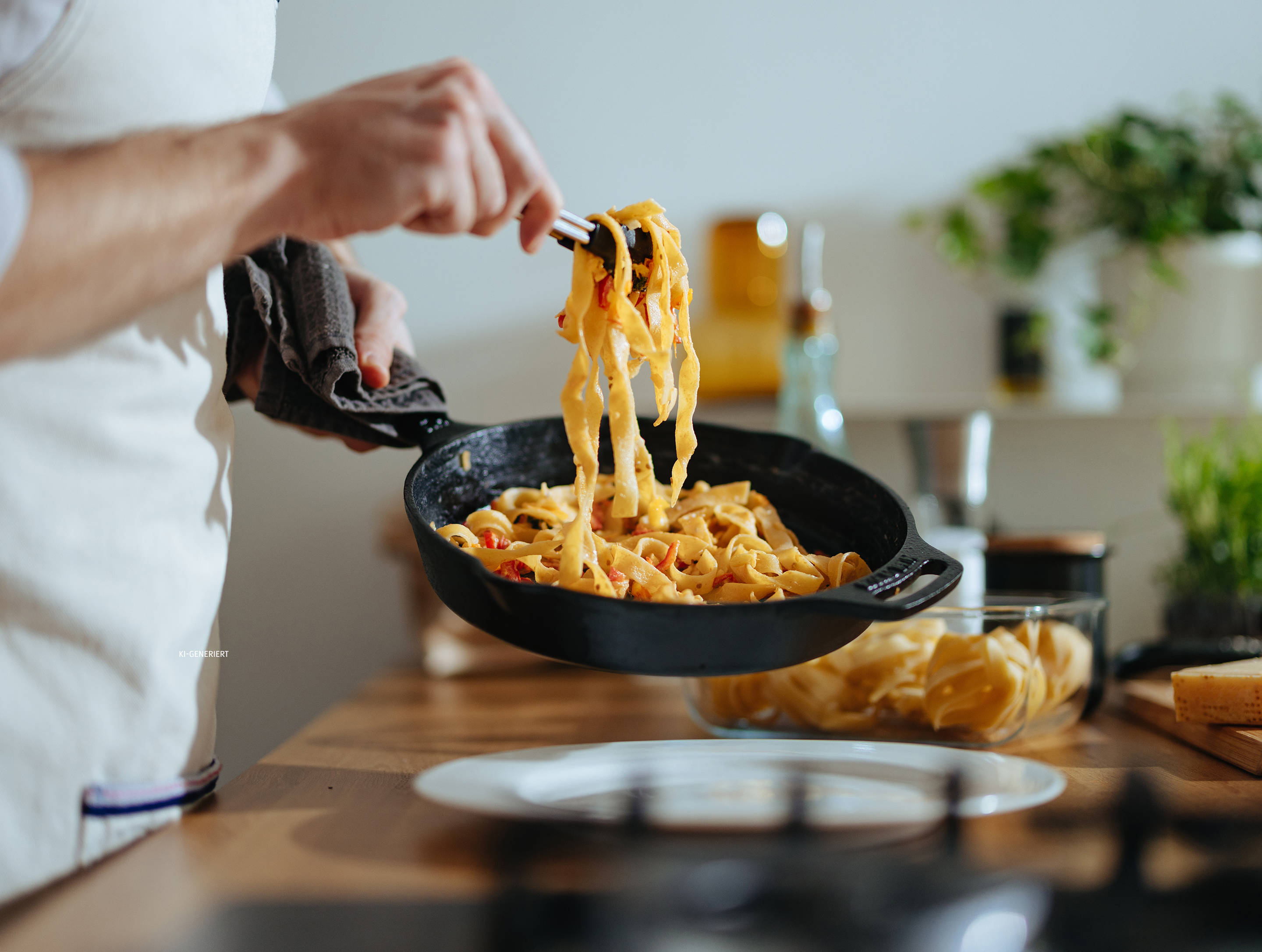 Person serviert frische Pasta aus der Pfanne in der Küche.