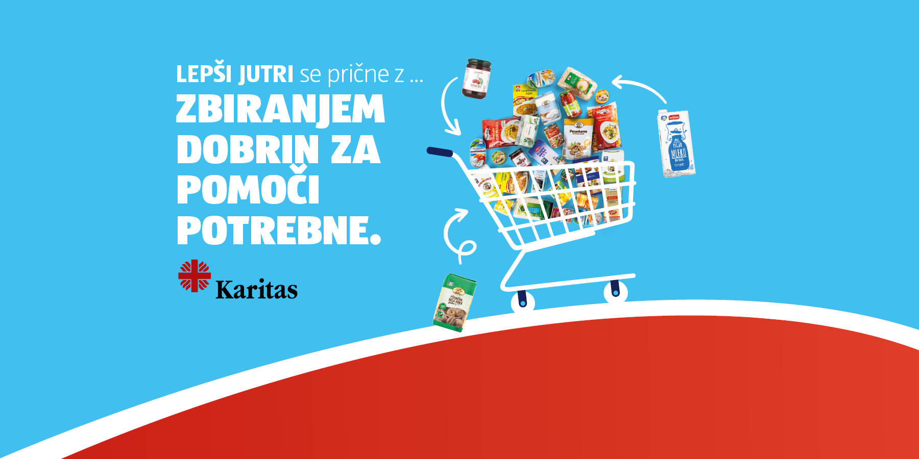 Nakupovalni voziček poln donirane hrane, napis: Zbiranje dobron za pomoči potrebne.