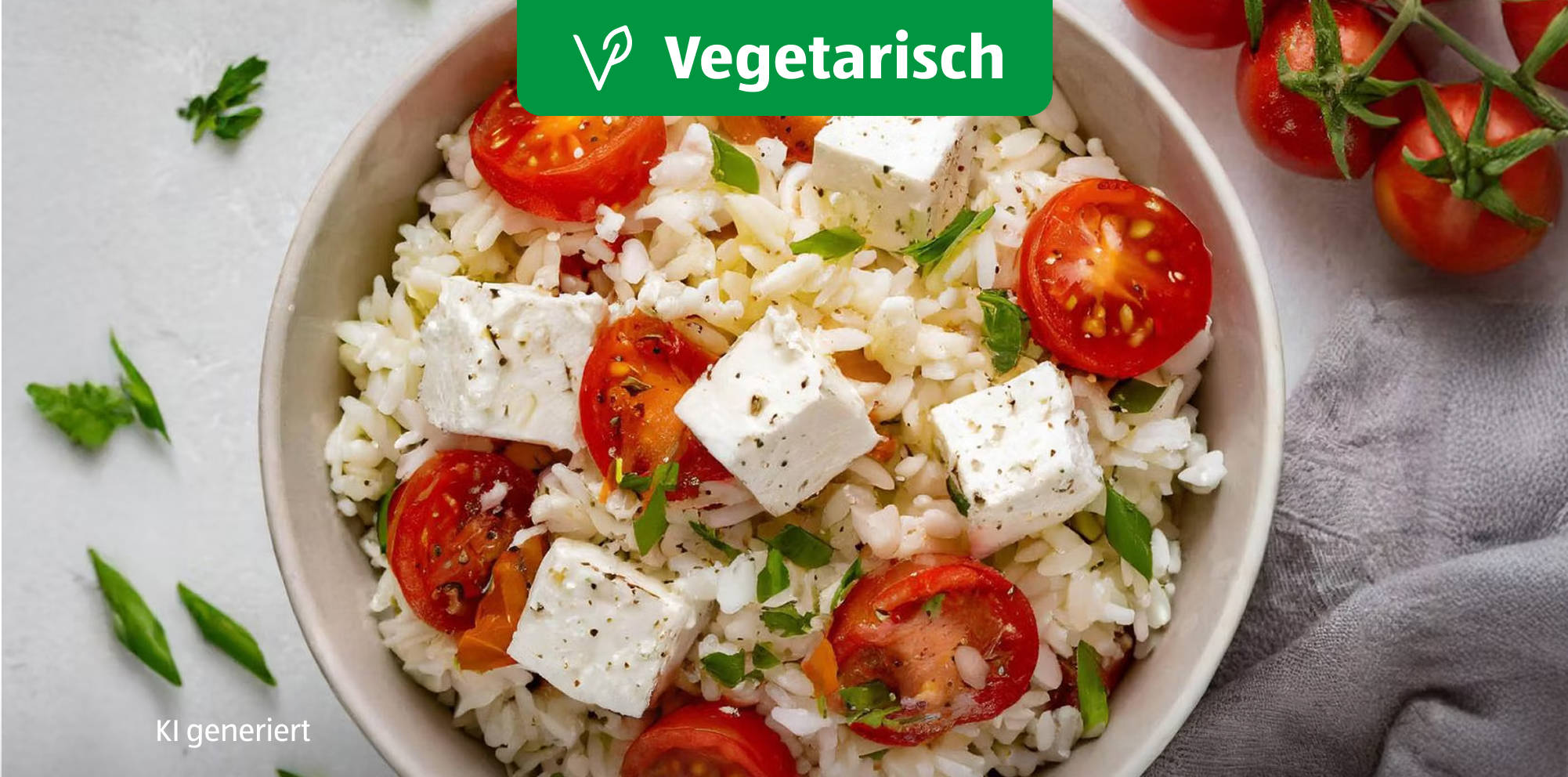 Vegetarischer Reissalat mit Feta und Tomaten.