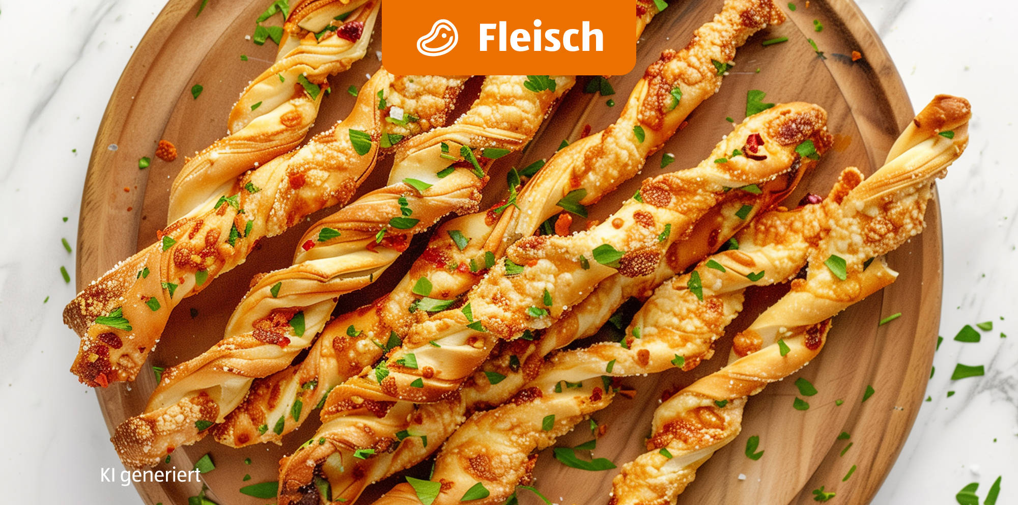 Platte mit Blätterteigstangen gefüllt mit Käse und Fleisch.