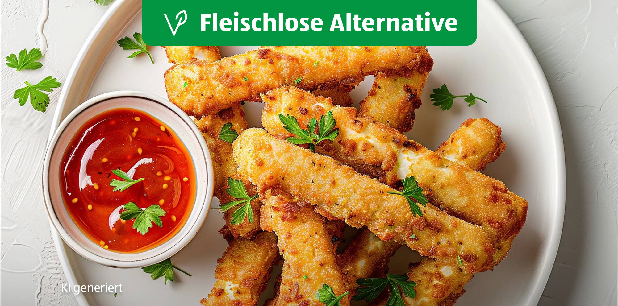 Vegetarische panierte Sticks mit würzigem Dip.