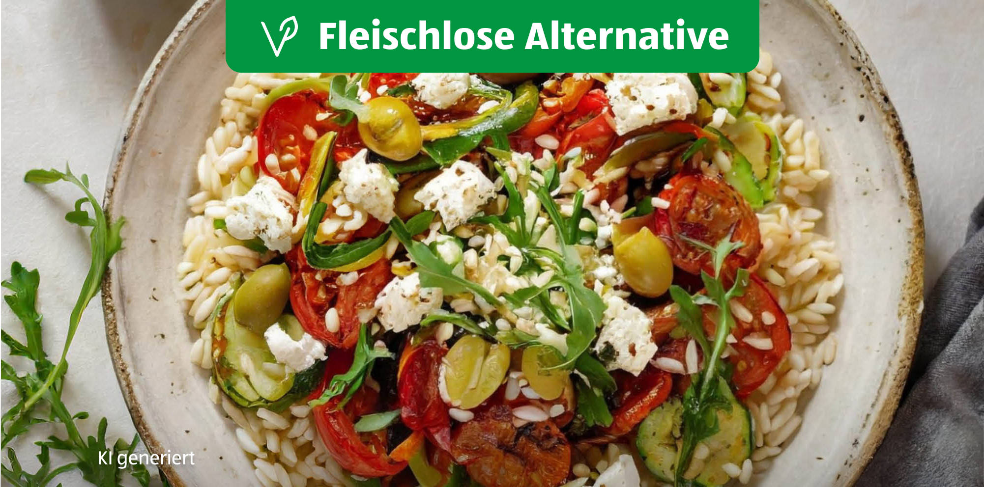 Vegetarischer Nudelsalat mit Feta und Oliven.