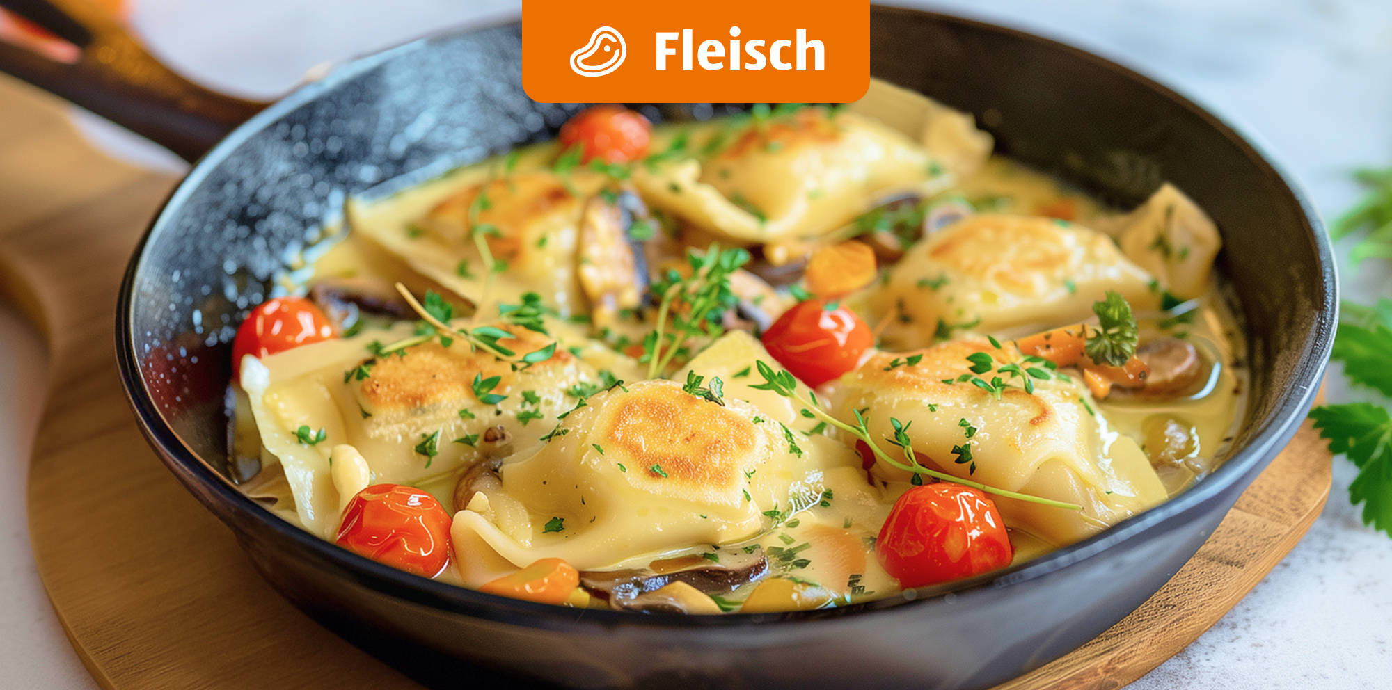 Käse-Ravioli mit Fleisch in cremiger Soße.