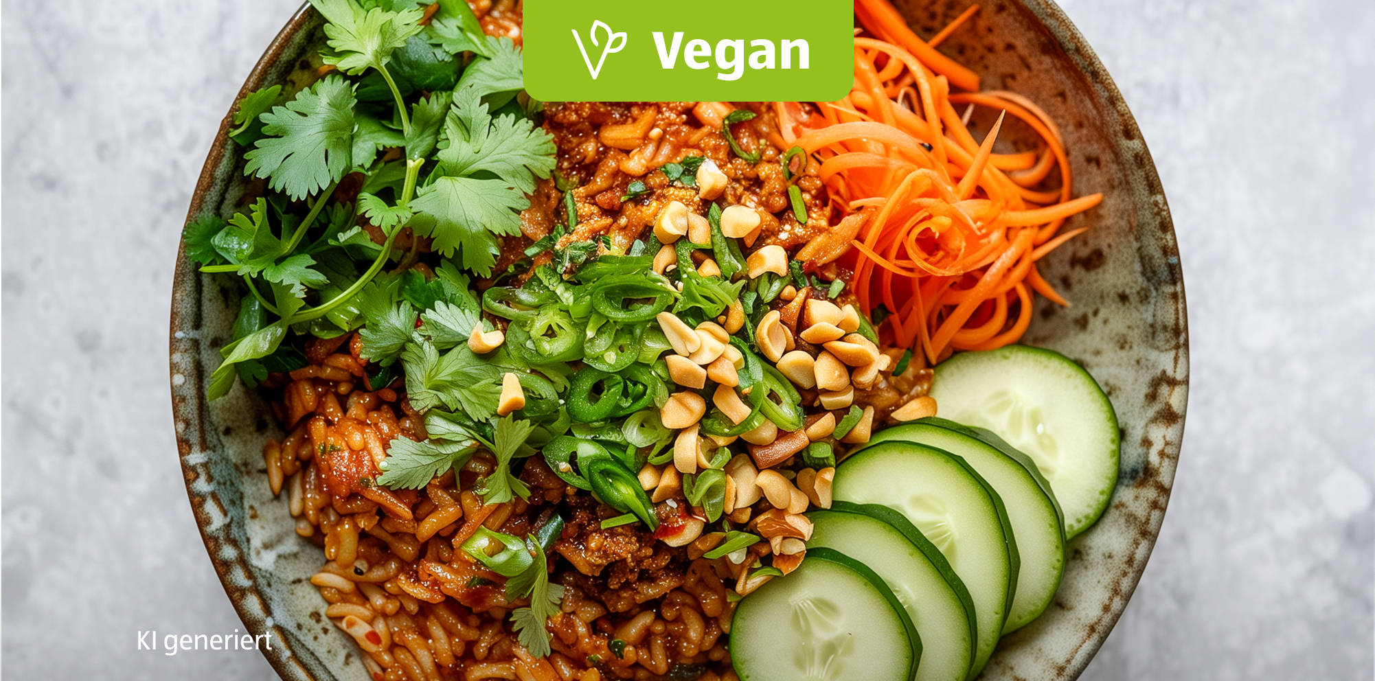 Bunte vegane Reis-Bowl mit Gemüse.