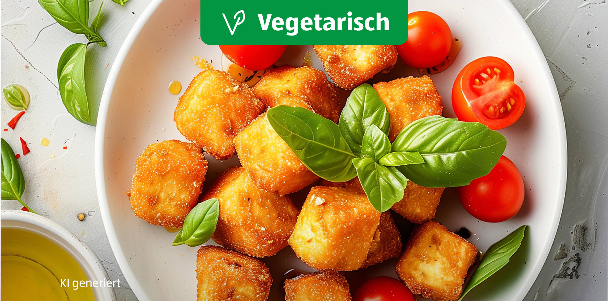 Vegetarische panierte Würfel, gefüllt mit Feta.