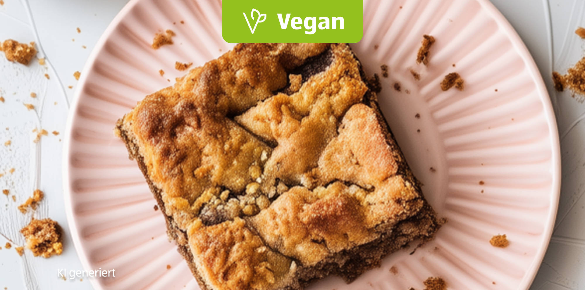 Veganes Streuselkuchenstück auf einem rosa Teller.
