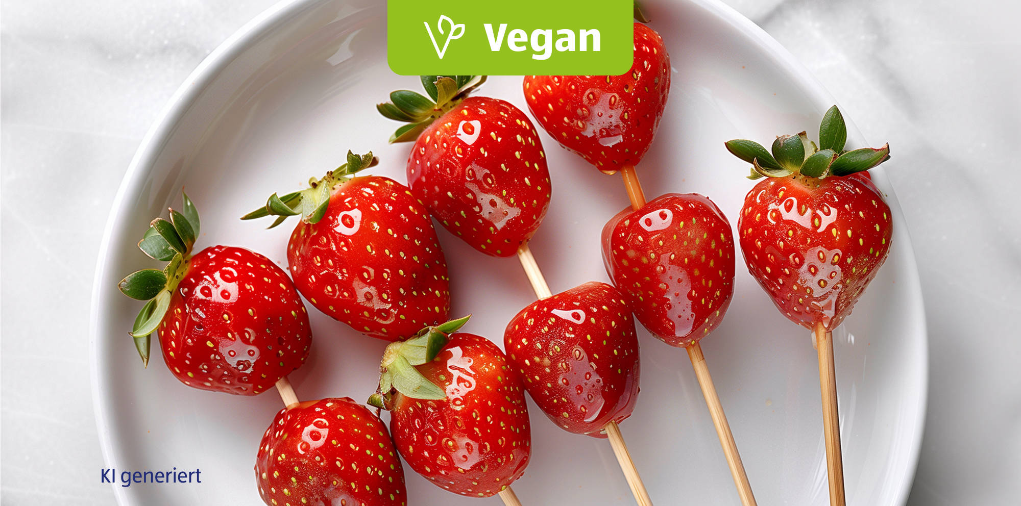 Fresh strawberries on skewers labeled vegan.