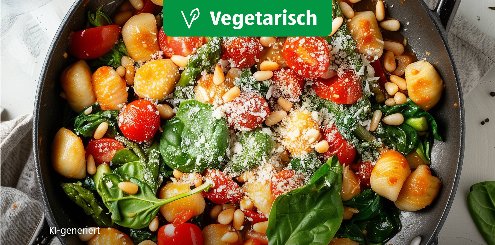 KI-generiert Gnocchi-Pfanne mit Spinat und Tomaten.