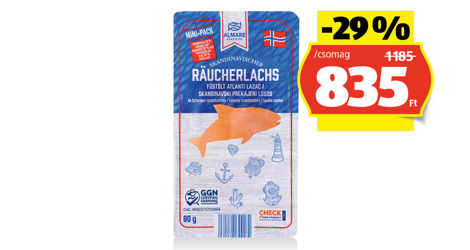 ALMARE SEAFOOD Füstölt lazac, 90 g/csomag