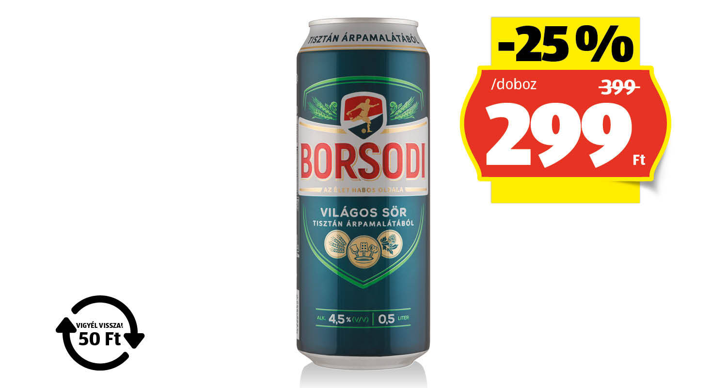 BORSODI Világos sör, 0,5 l/doboz