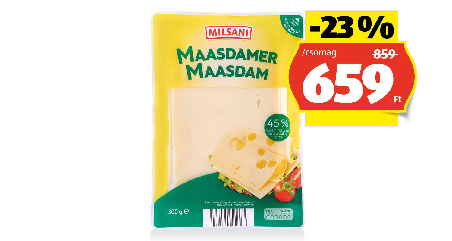 MILSANI Maasdam szeletelt sajt, 300 g/csomag