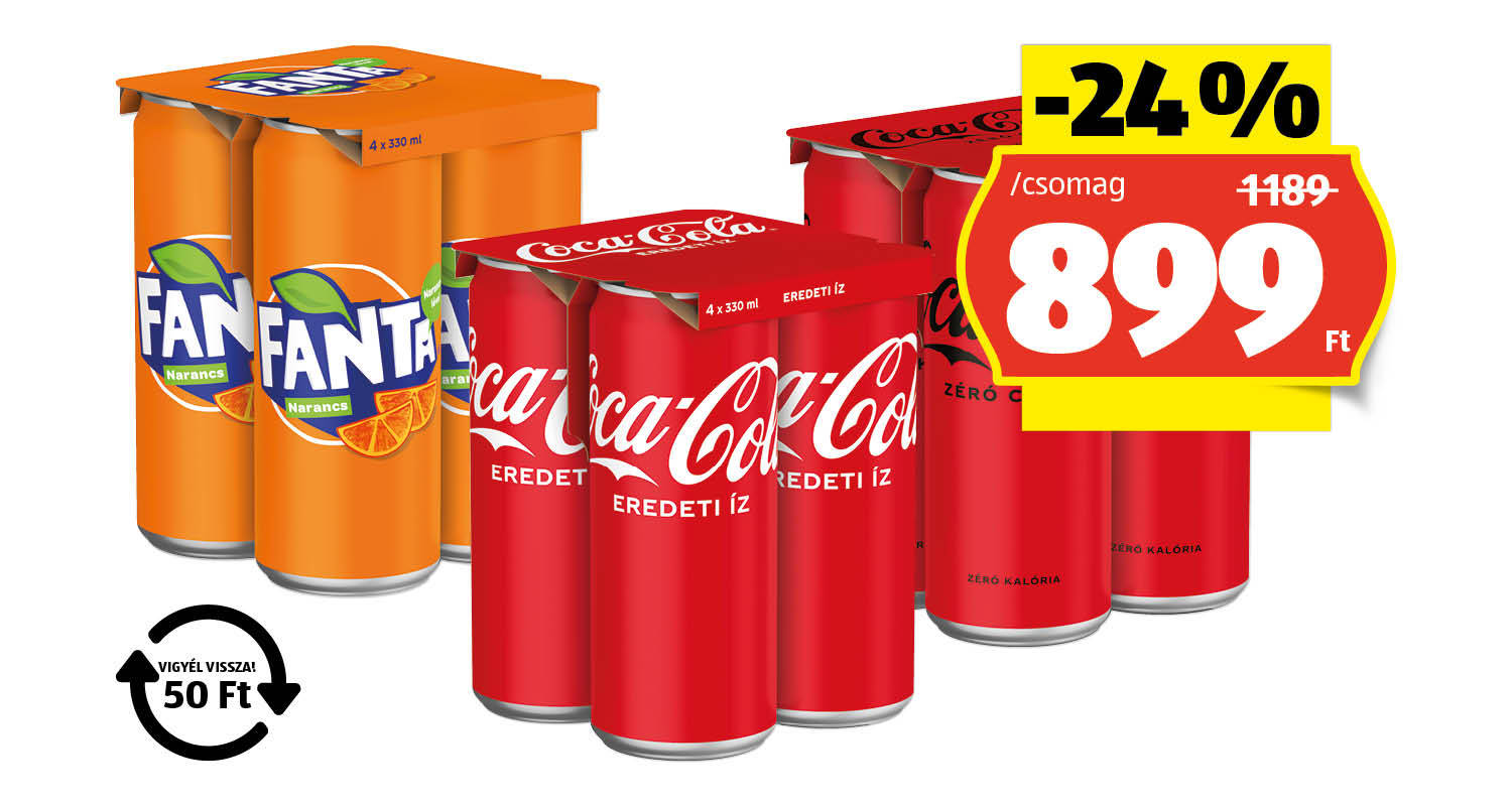 COCA-COLA / FANTA Szénsavas üdítőital, 4 x 0,33 l/csomag