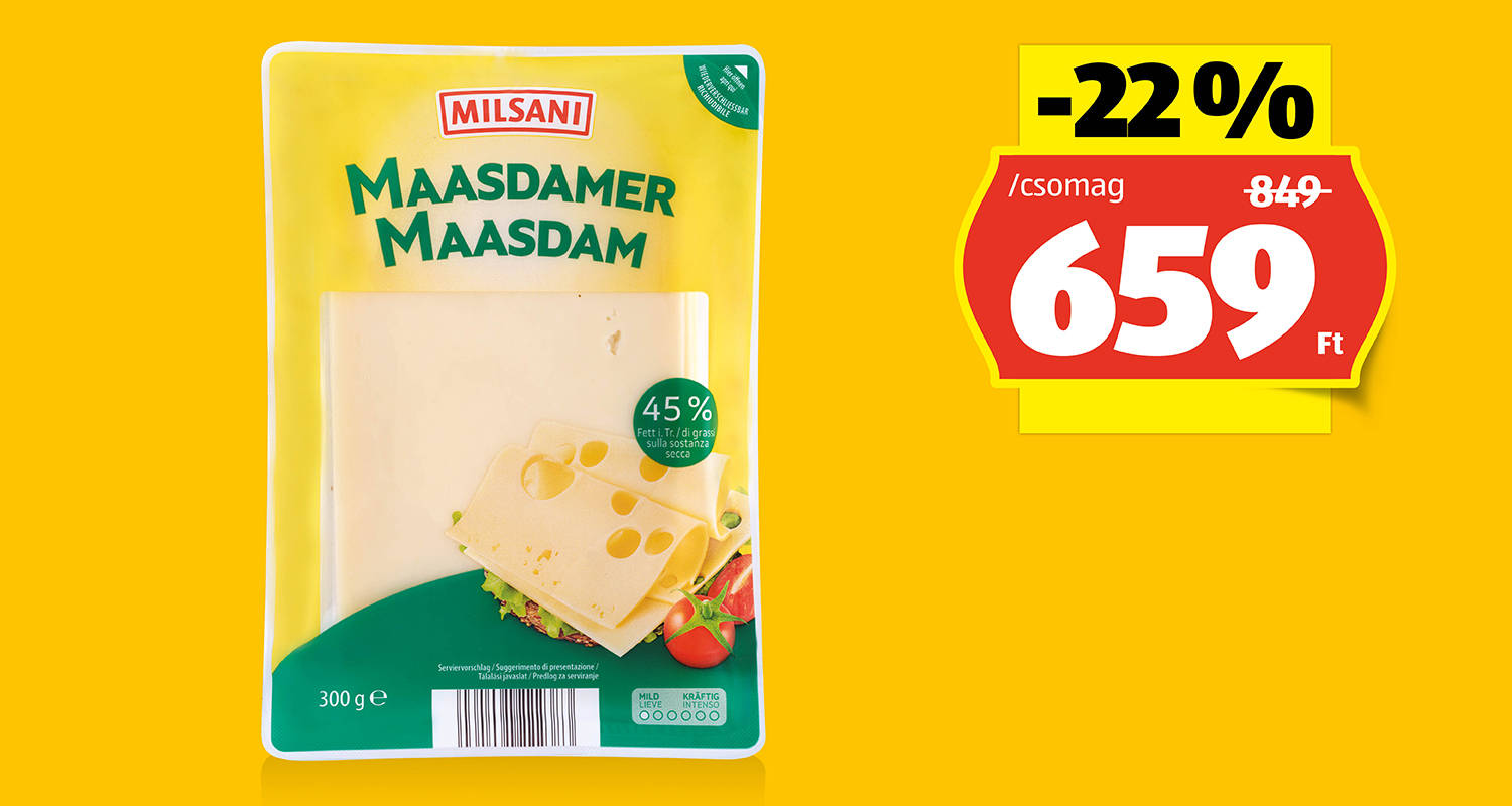 MILSANI Maasdam szeletelt sajt, 300 g/csomag