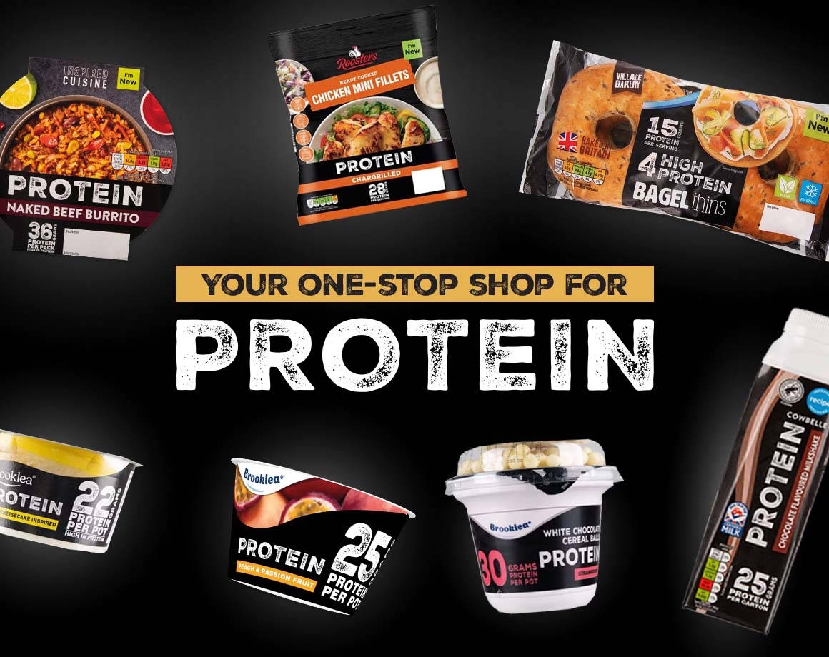 Assorted high-protein food products on black background header image