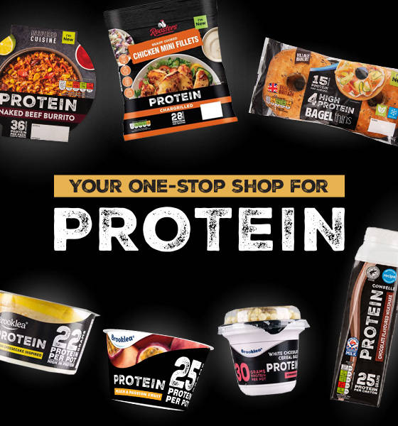 Assorted high-protein food products on black background header image mobile