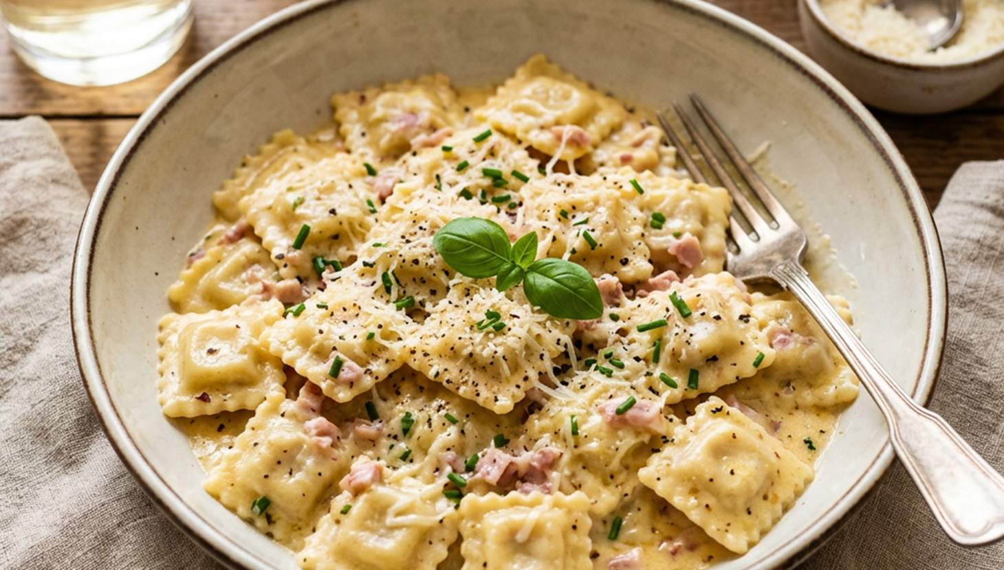 Serviervorschlag: Schinken Käse Soße für Rettenswert Ravioli