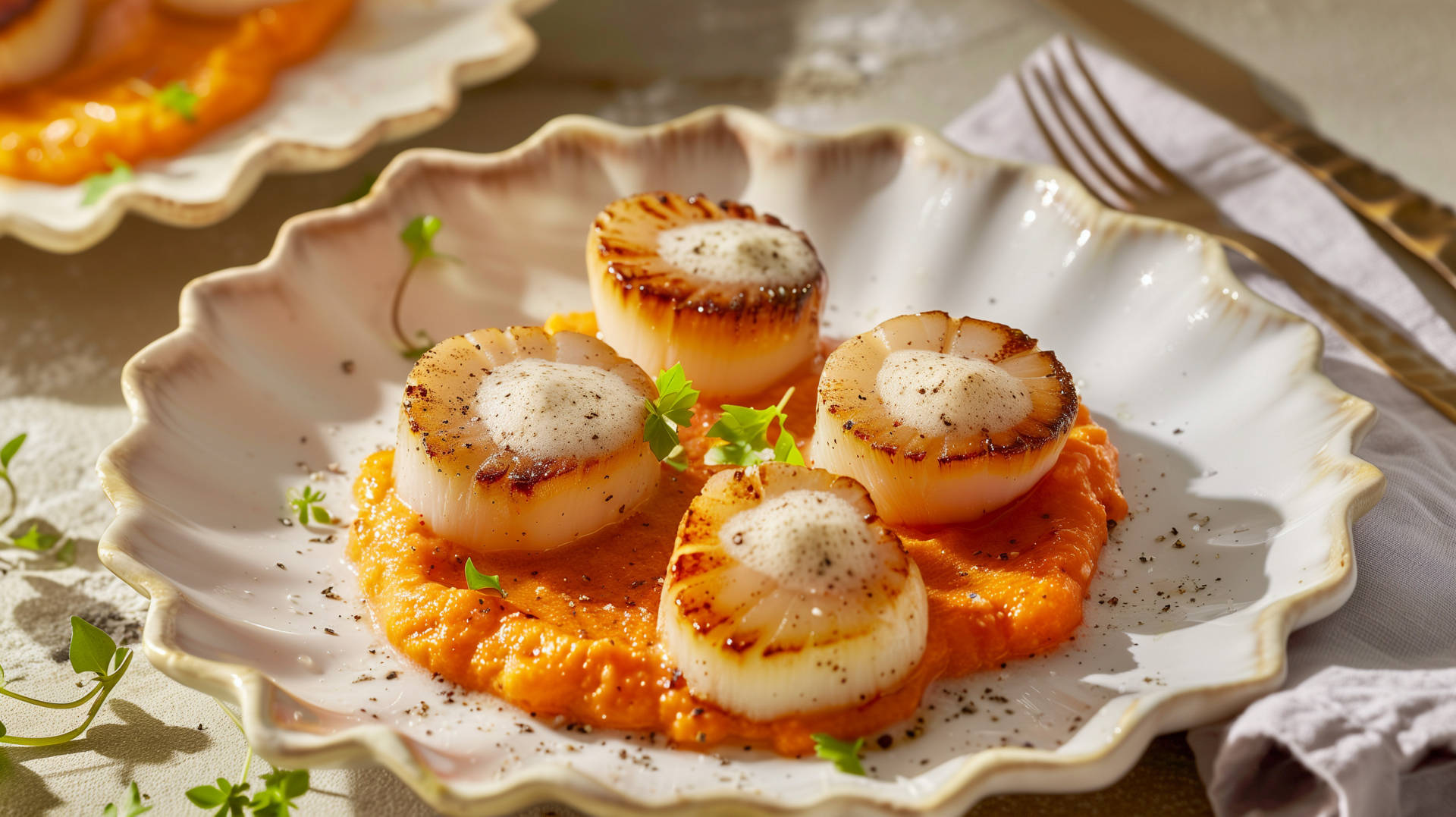 Serviervorschlag: Scallops mit Champagnerschaum
