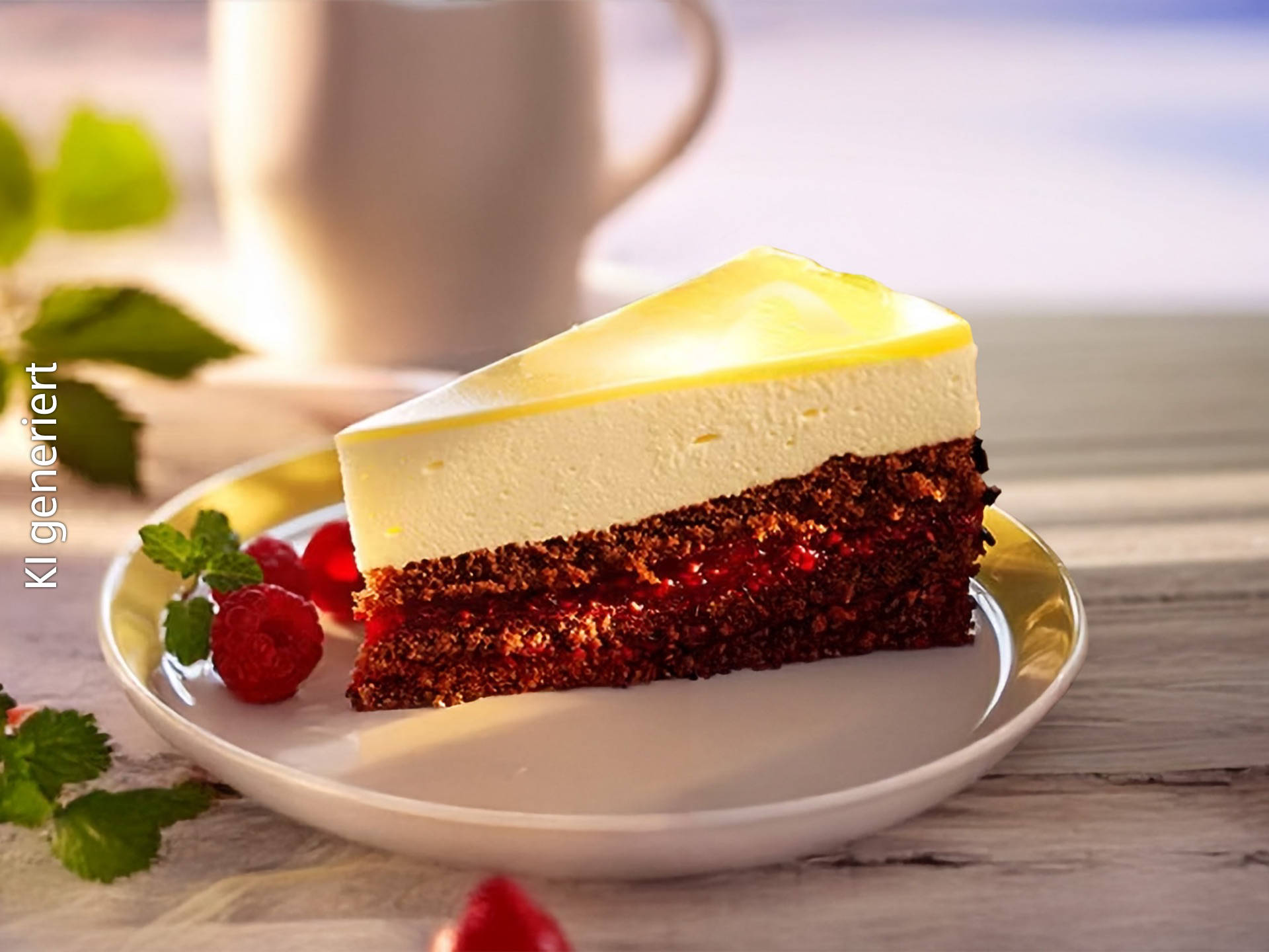 Serviervorschlag: Schmandtorte mit Himbeeren und Eierlikör