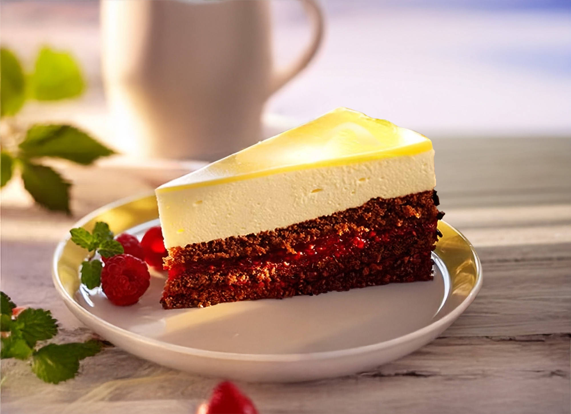 Serviervorschlag: Schmandtorte mit Himbeeren und Eierlikör