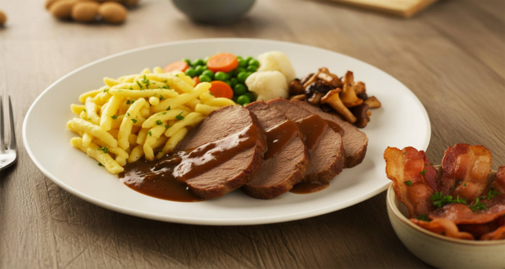 Serviervorschlag: Sauerbraten mit Waldpilzen, Buttergemüse und Spätzle
