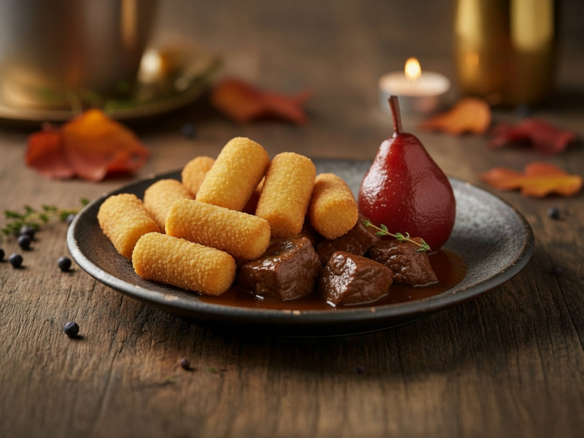 Serviervorschlag: Edelhirschgulasch mit Kroketten