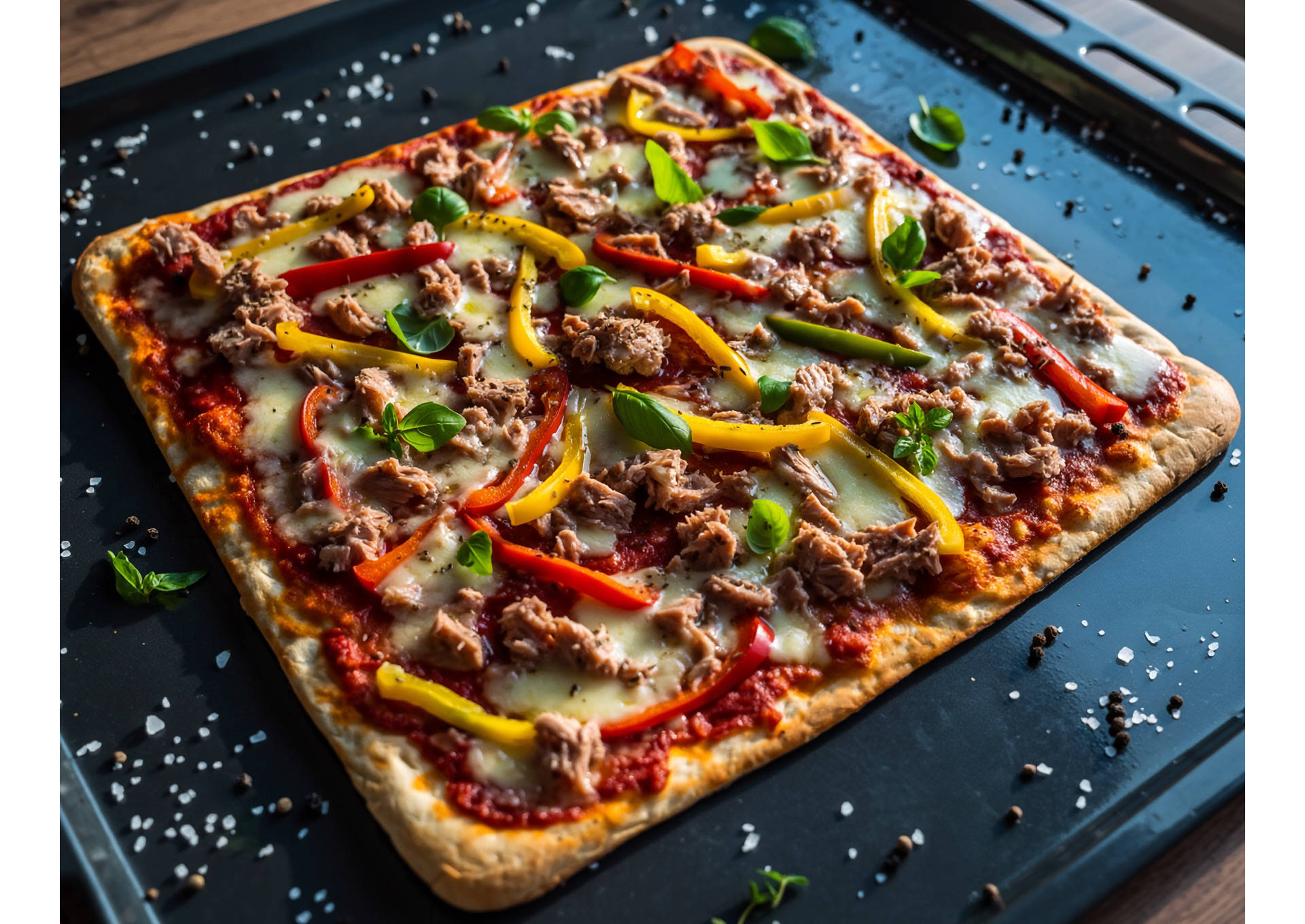 Serviervorschlag: Pizza mit Thunfisch, Knoblauch und Paprika