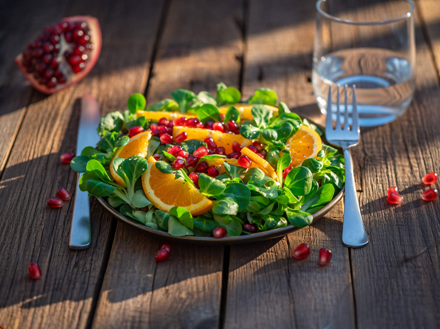 Serviervorschlag: Orangen-Feldsalat mit Granatapfel
