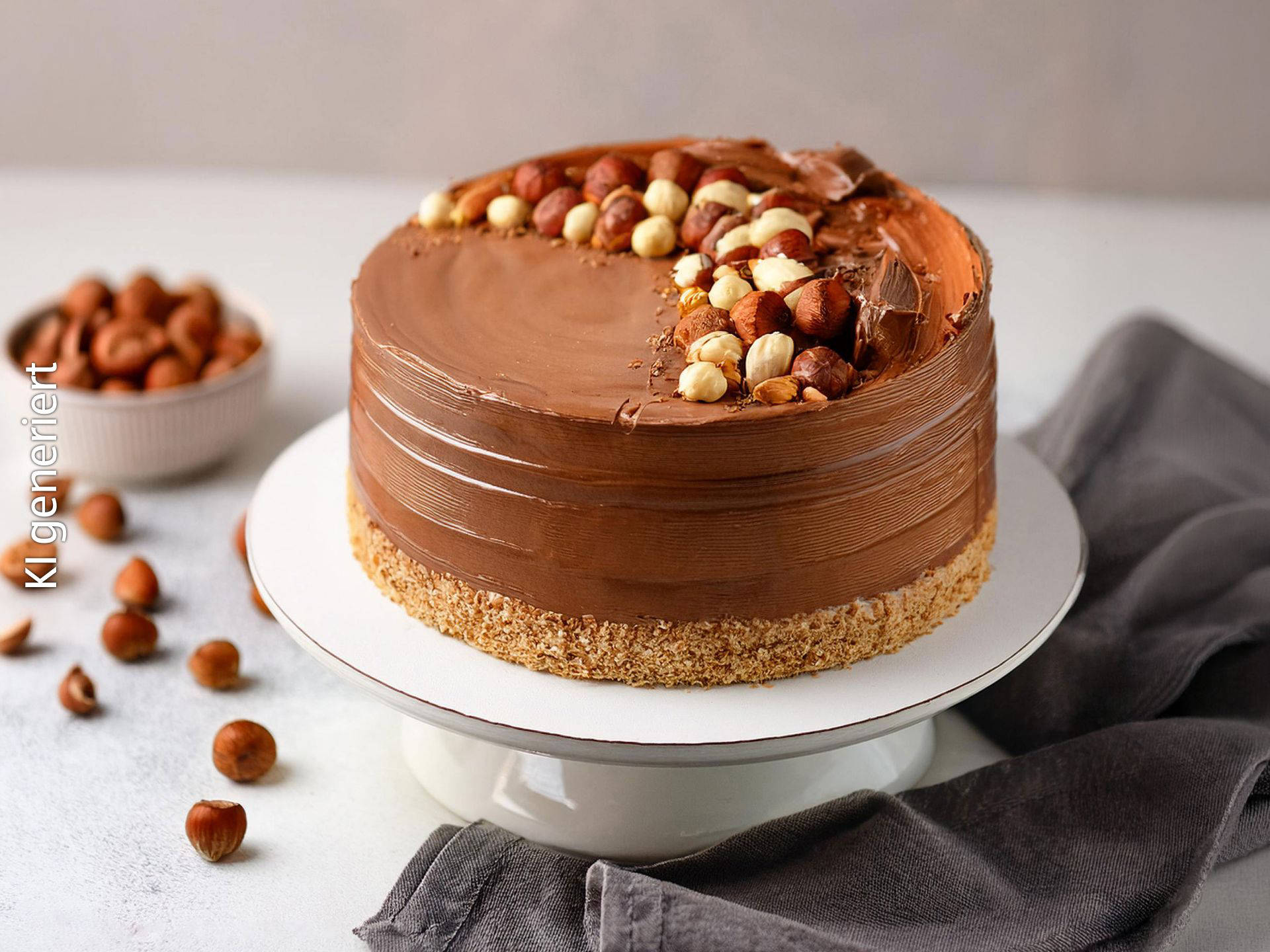 Runder Schokoladenkuchen mit Haselnüssen und Mandeln dekoriert.