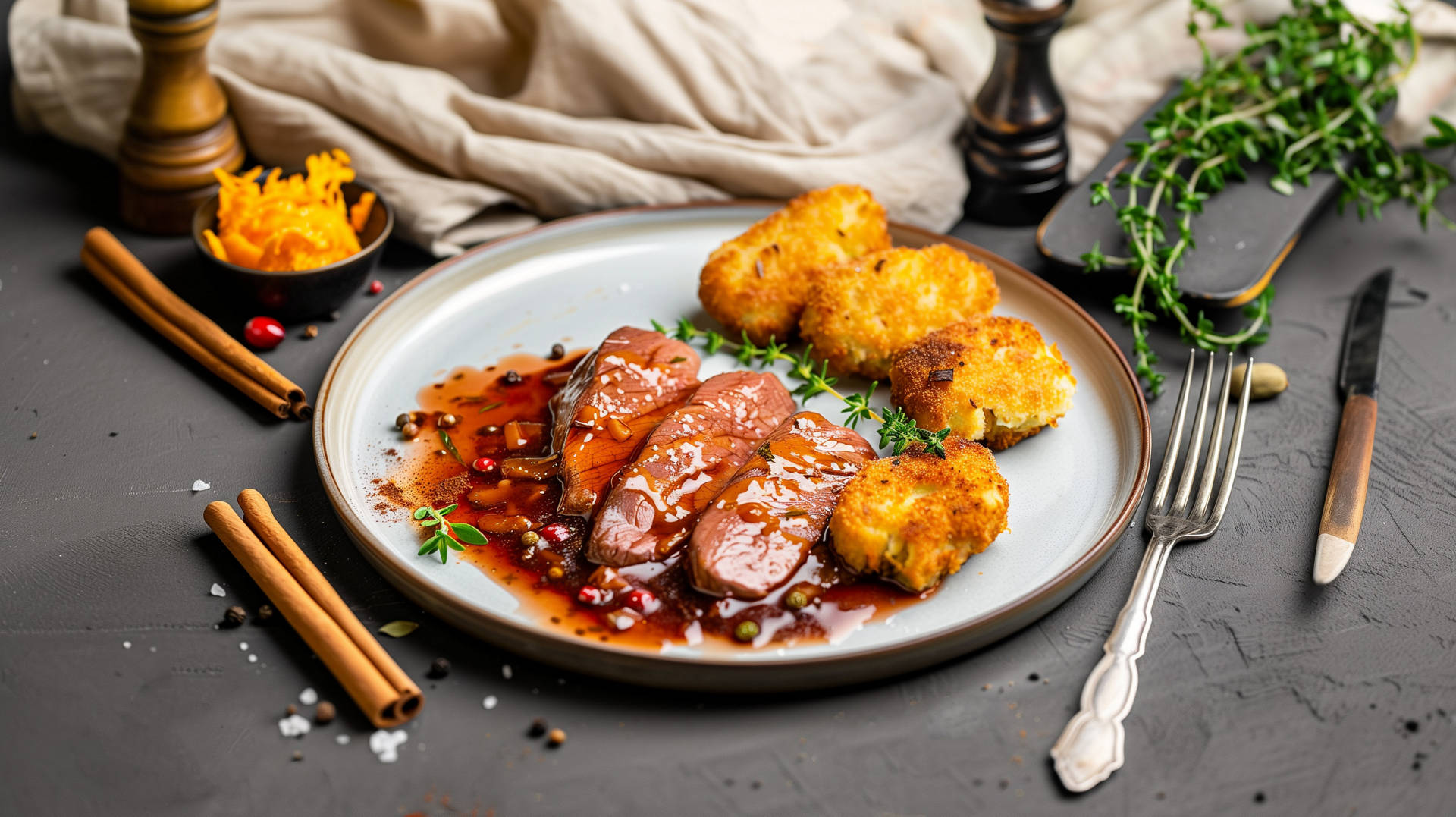 Serviervorschlag: Reh-Medaillons mit Kroketten