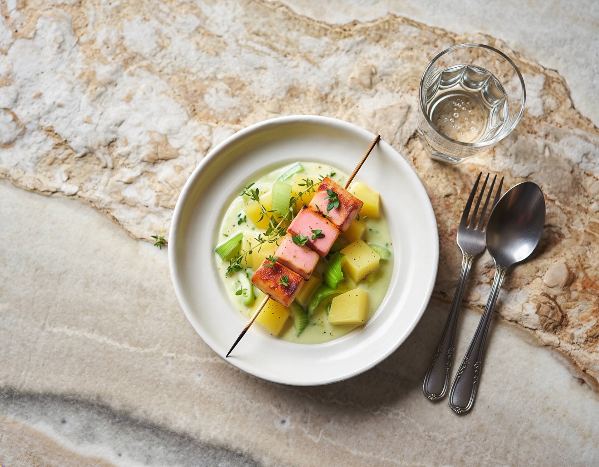Lauch-Kartoffeltopf mit gebratenem Leberkäse