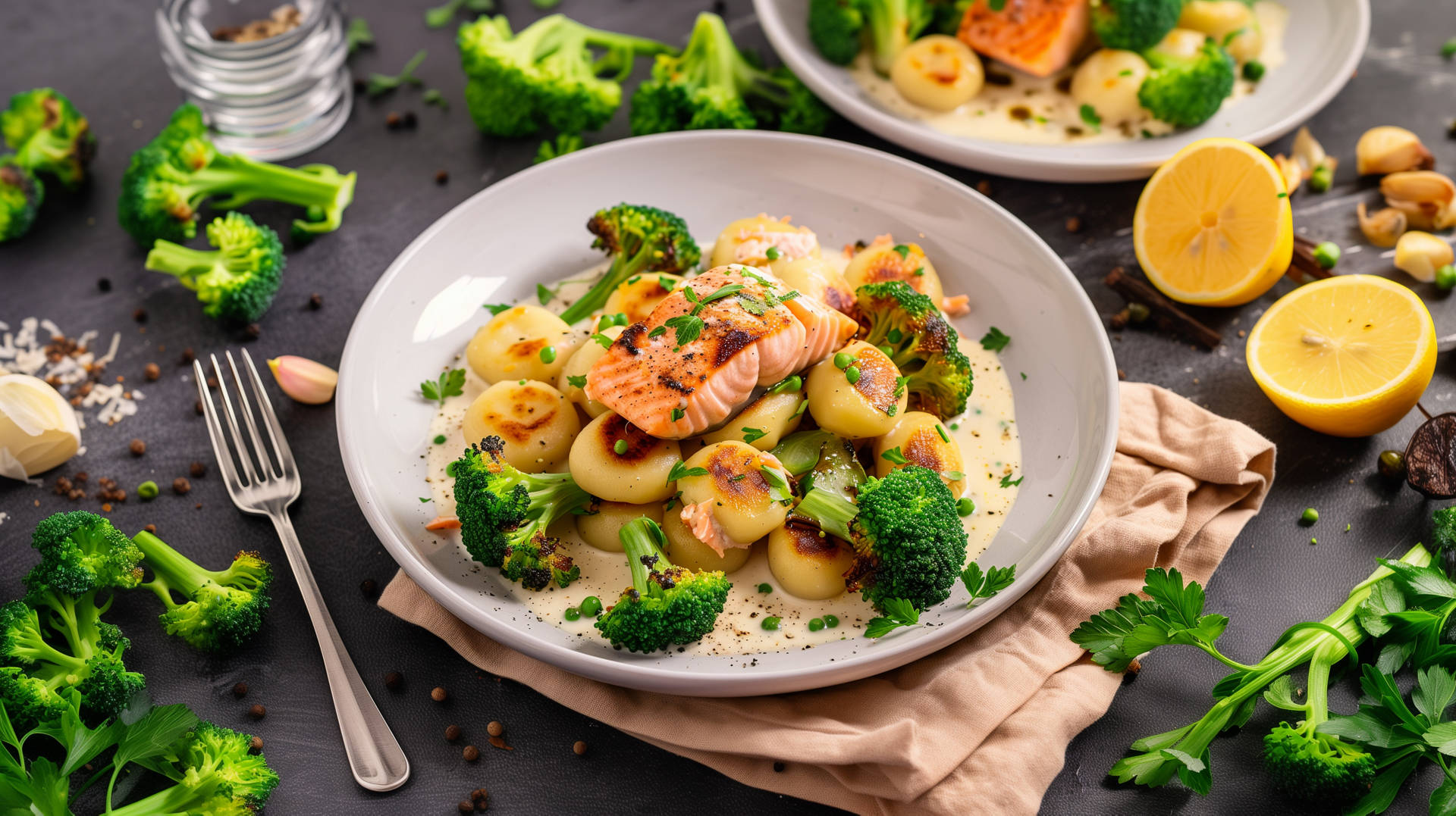 Gnocchi mit Lachs und Brokkoli in Weißwein-Sahne-Sauce