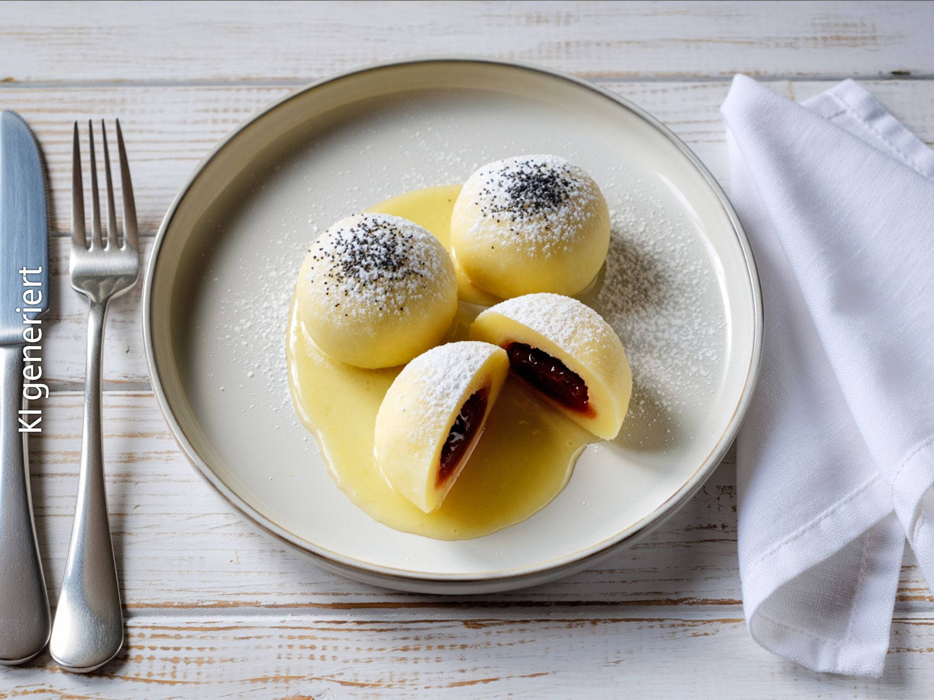 Germknödel mit Zwetschgenmus und Vanillesauce