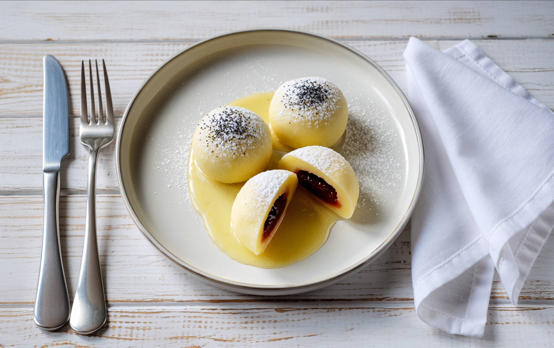 Germknödel mit Zwetschgenmus und Vanillesauce