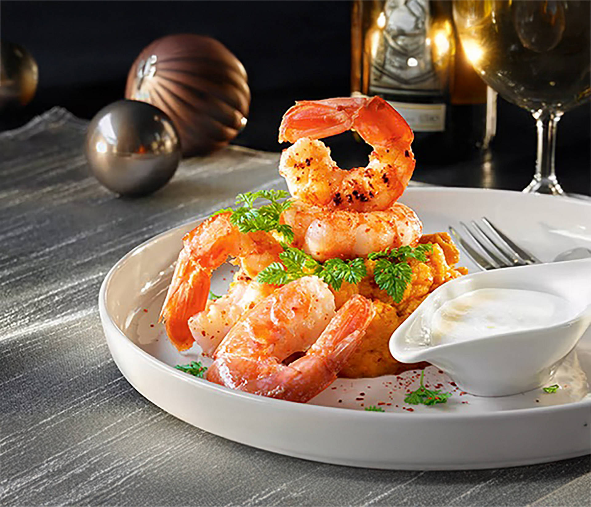 Serviervorschlag: Argentinische Rotgarnelen mit Karottenpüree und Ingwersauce