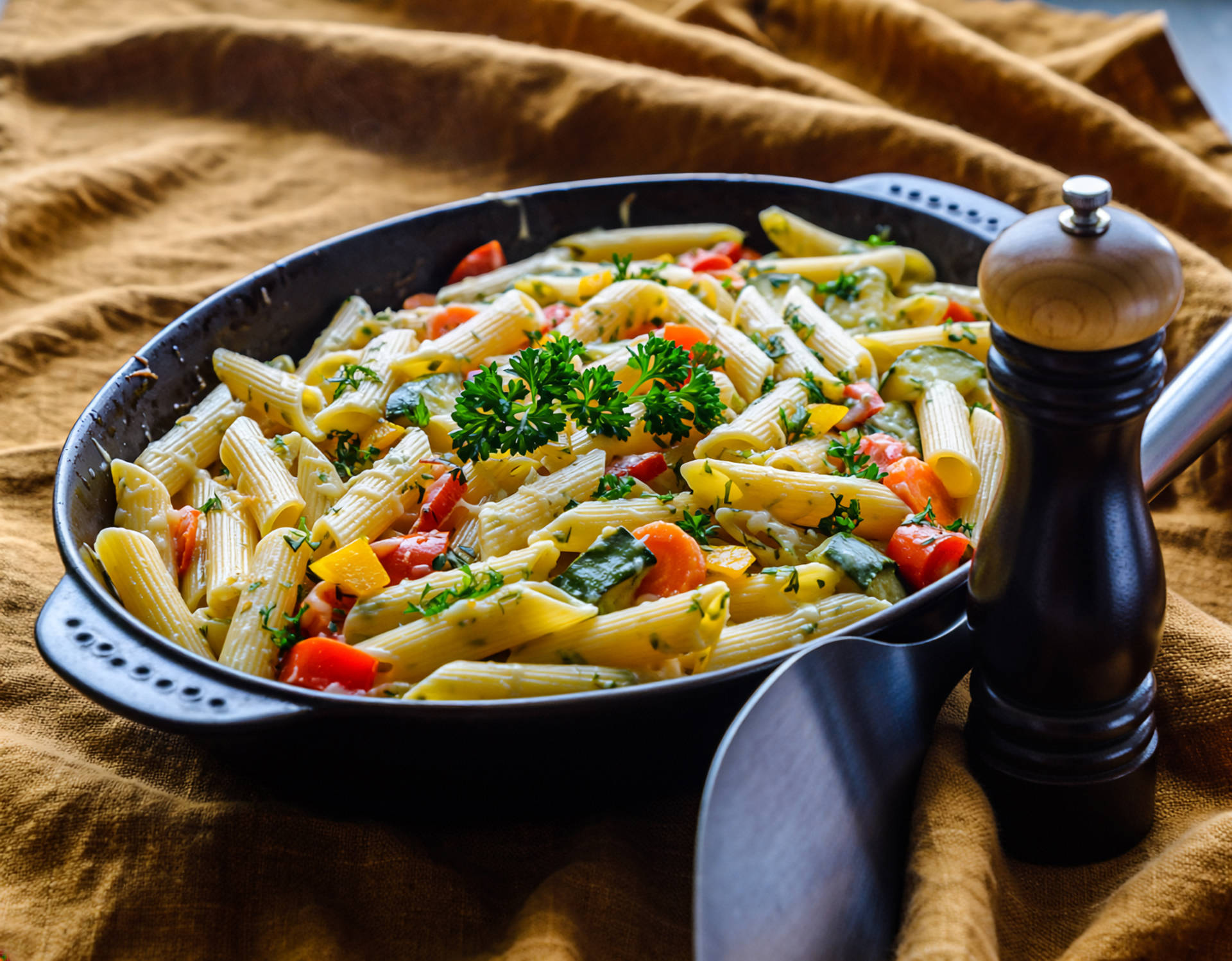 Serviervorschlag: Nudelauflauf mit Gemüse und Kräuter-Frischkäsesauce