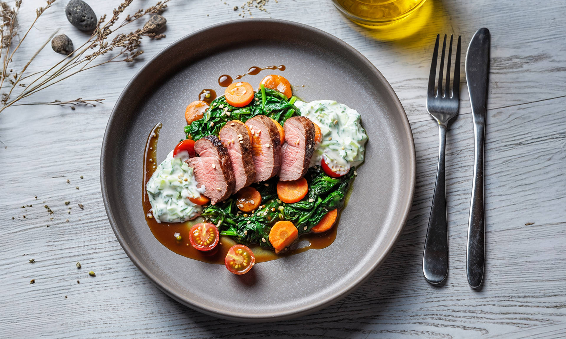 Serviervorschlag: Lammfilet mit Joghurtsauce und Spinatgemüse