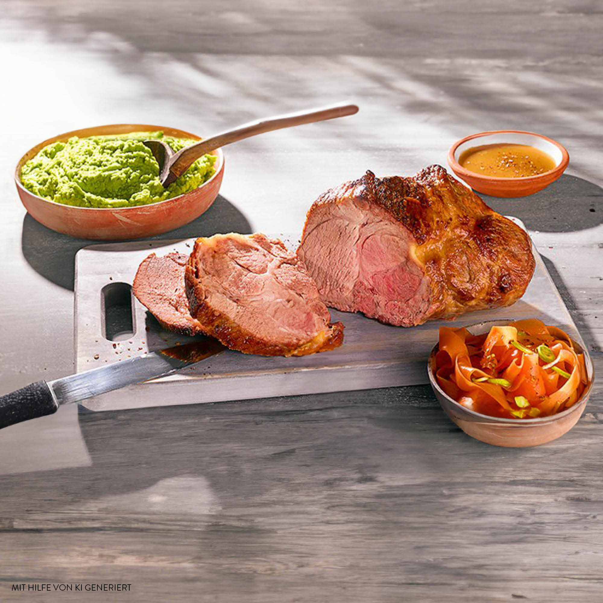 Schweine-Nackenbraten mit Erbsenpüree und Möhrensalat