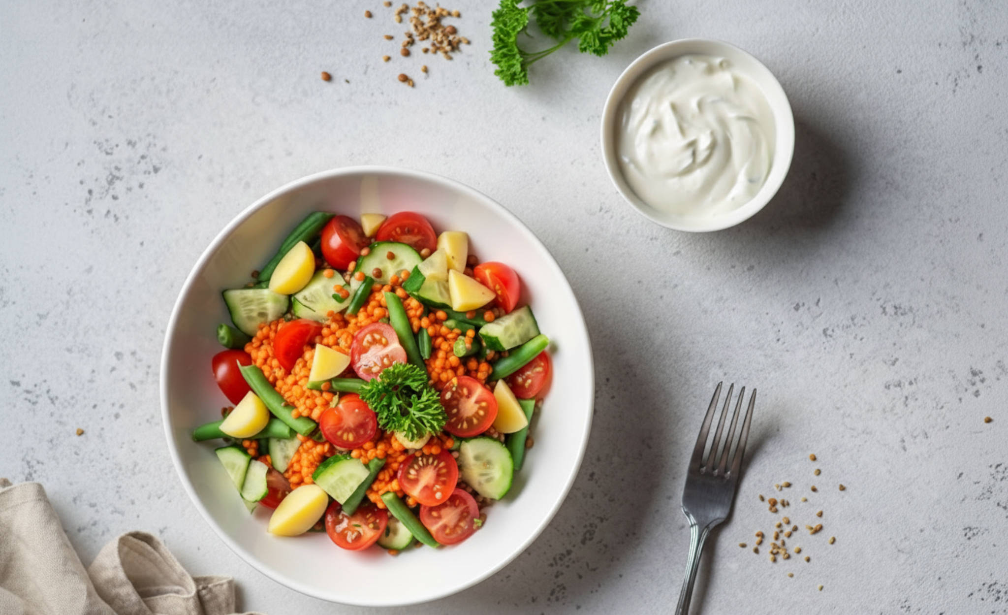 Serviervorschlag: Roter Linsensalat mit Bohnen