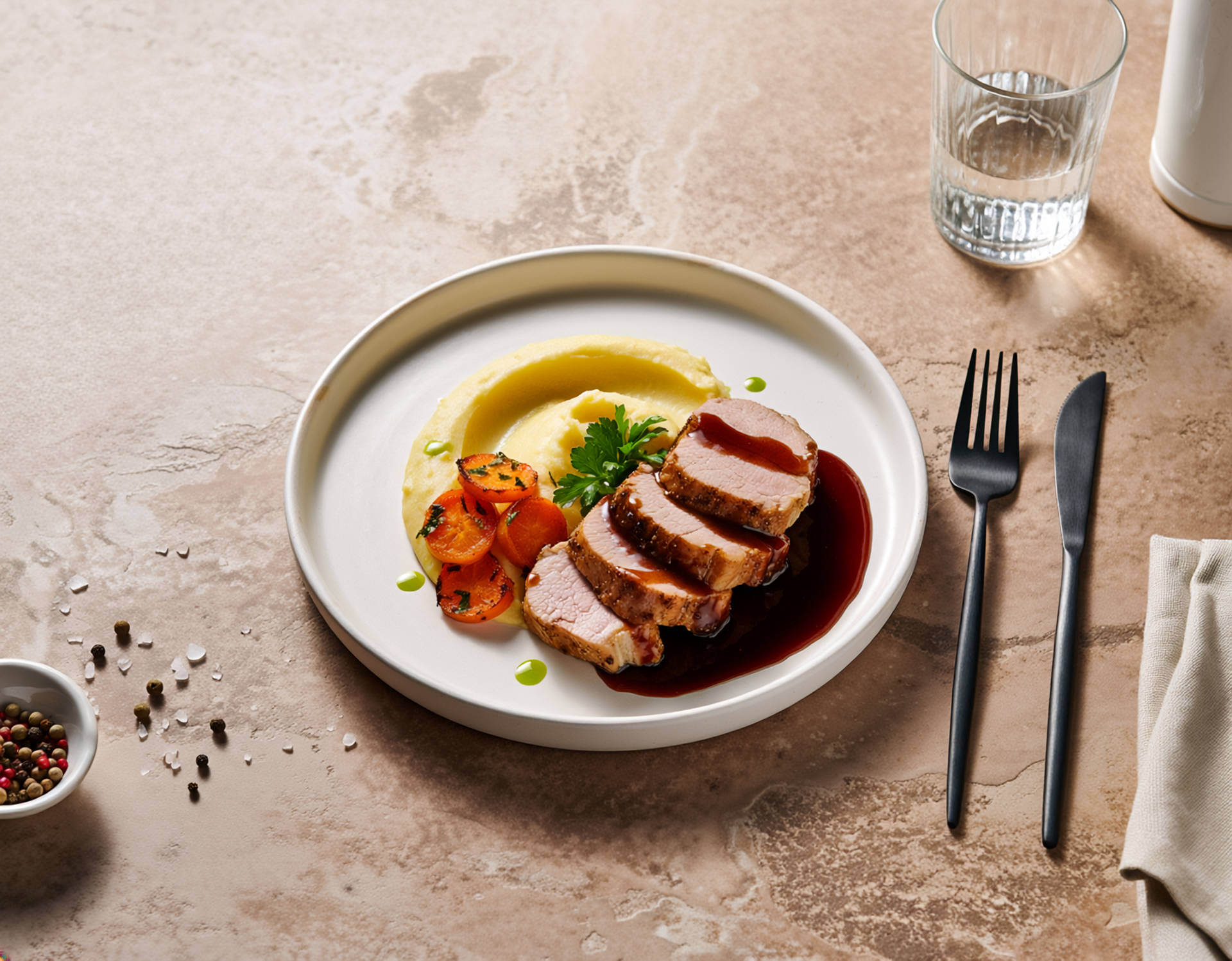 Schweinebraten mit Kartoffelpüree, gebratenen Karotten und Rotweinjus