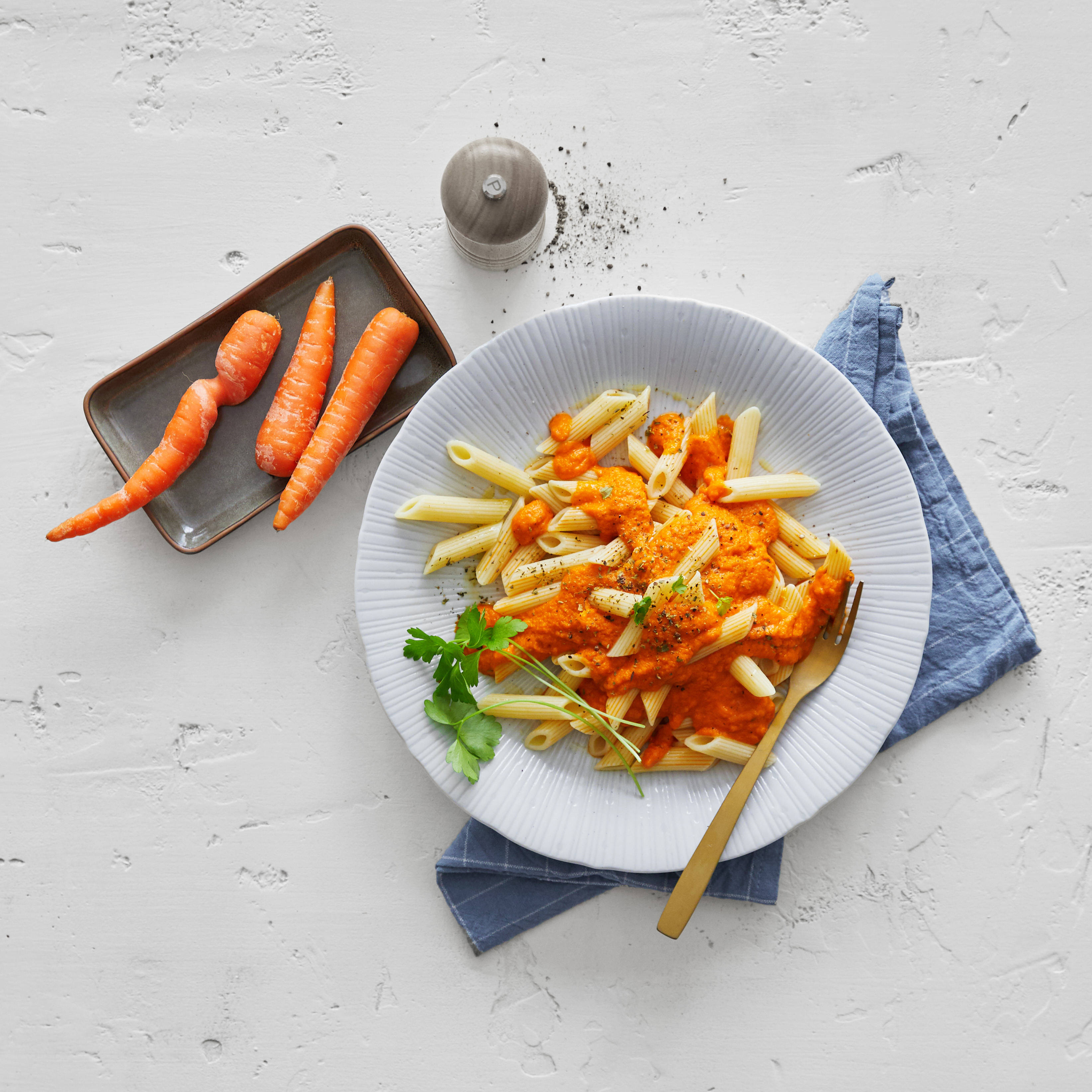 Serviervorschlag: Pasta mit Möhrensauce
