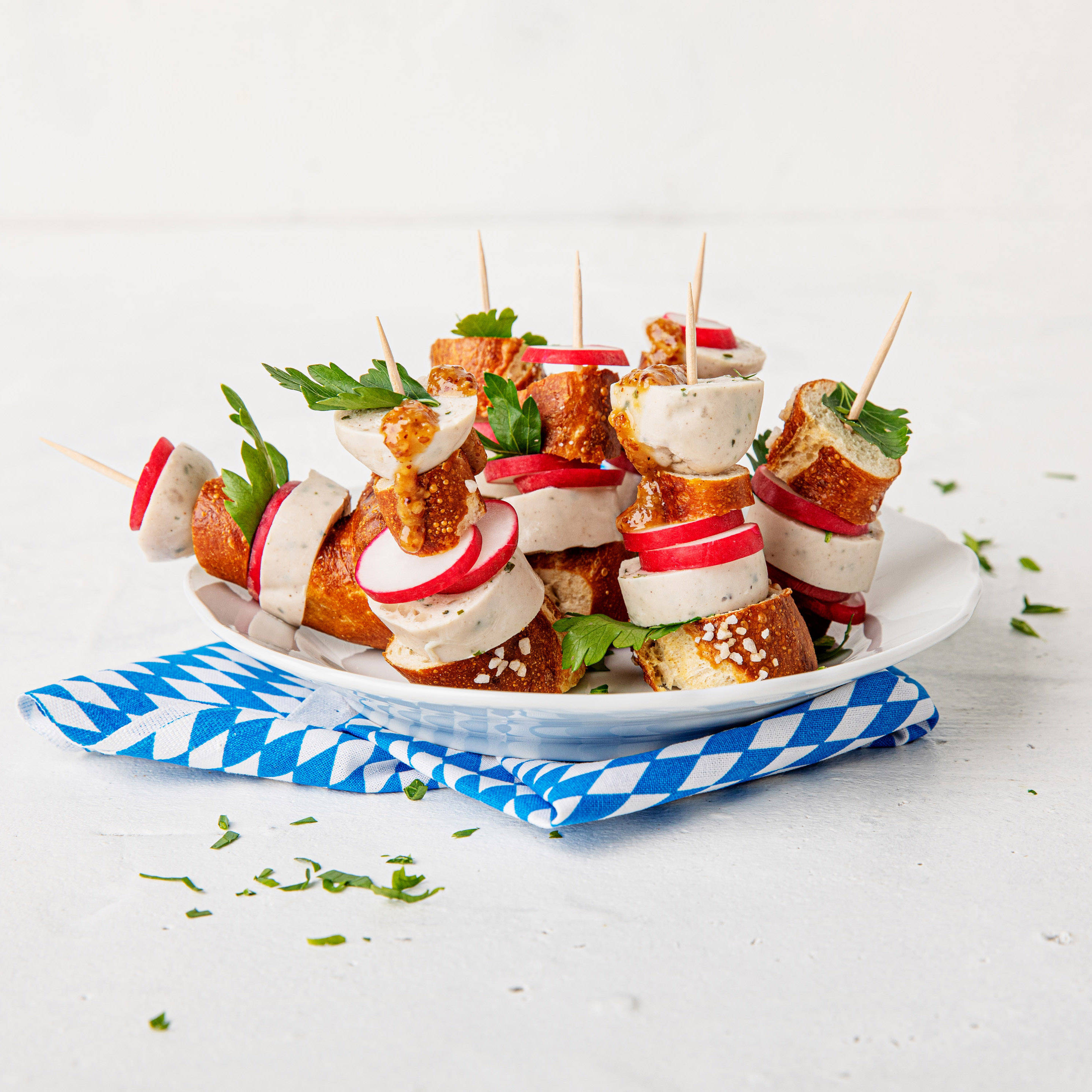 Serviervorschlag: Weißwurst-Snack mit Brezeln