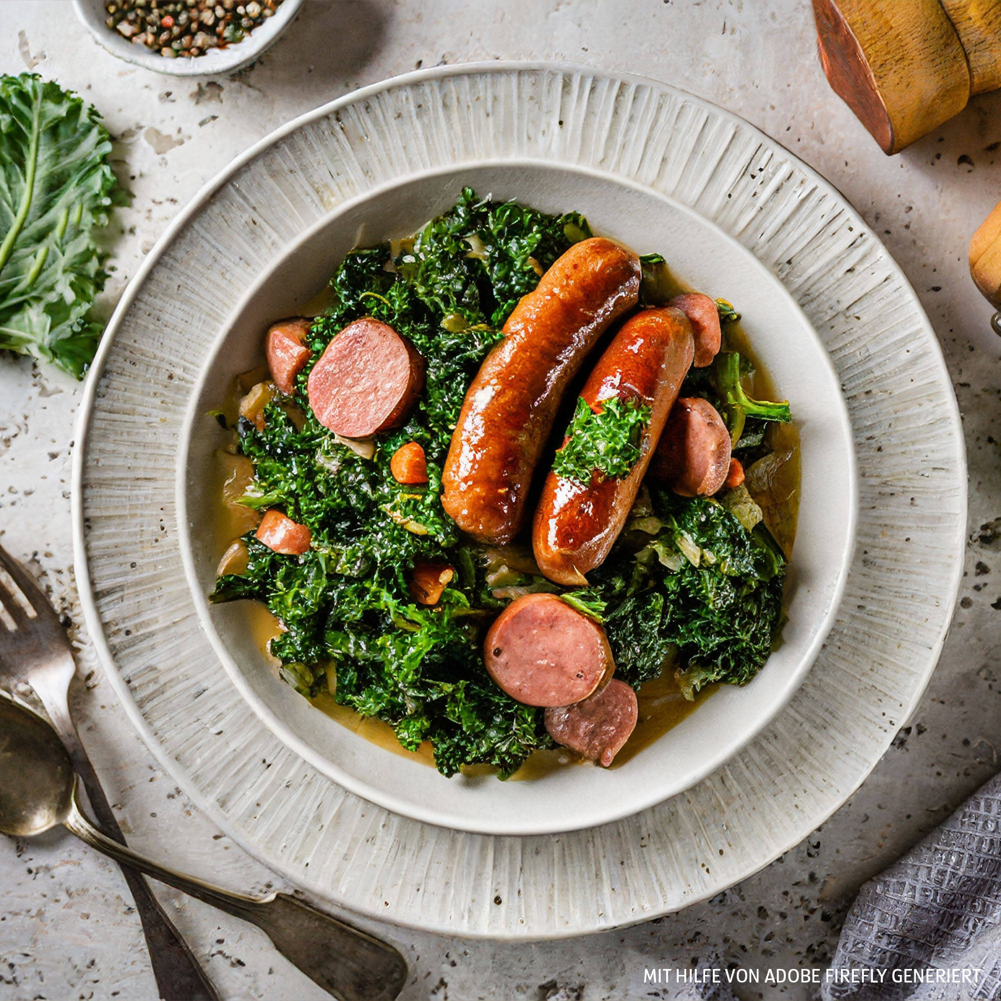 Klassischer Grünkohl-Eintopf mit deftiger Wurst 