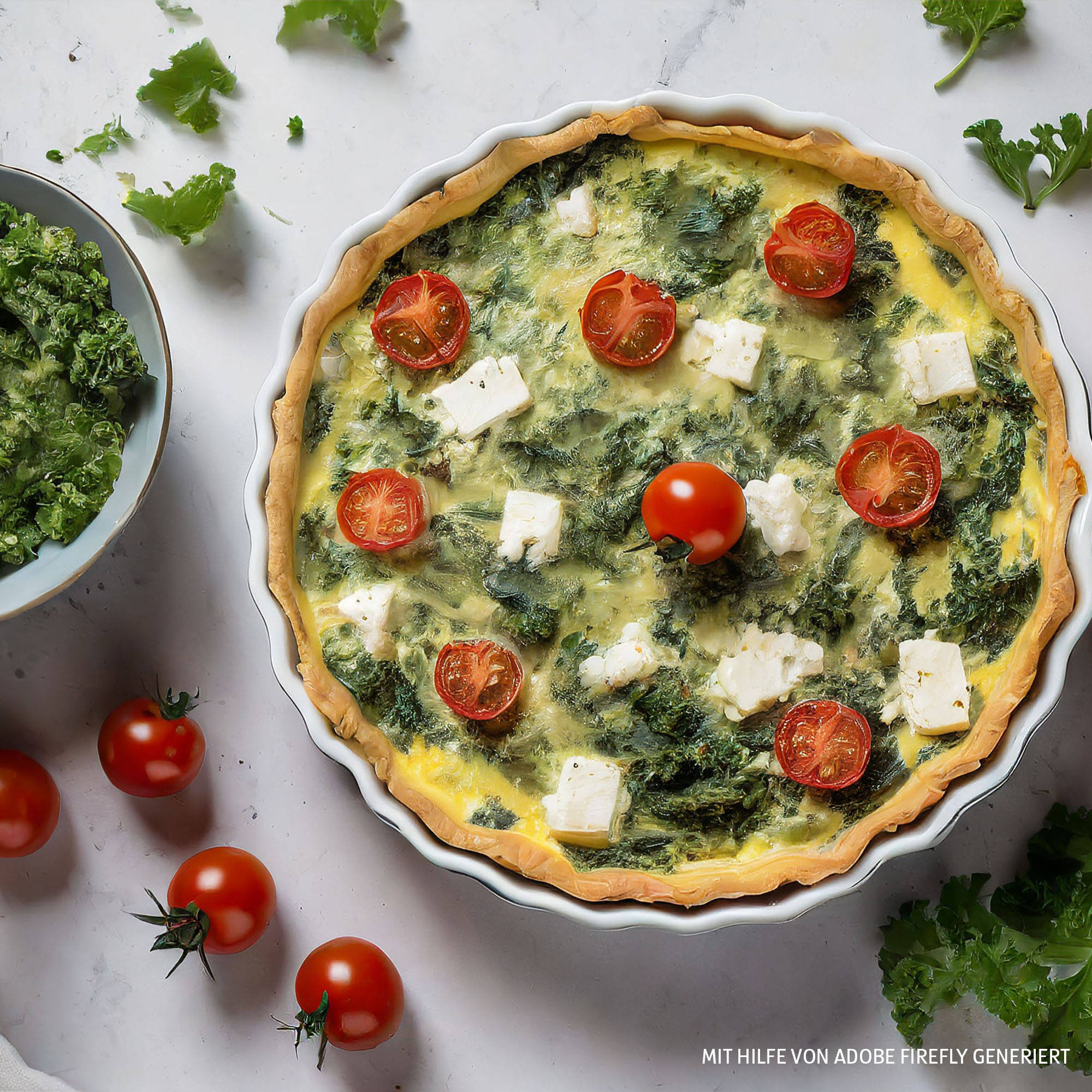 Grünkohl-Quiche mit Feta und Cherrytomaten.