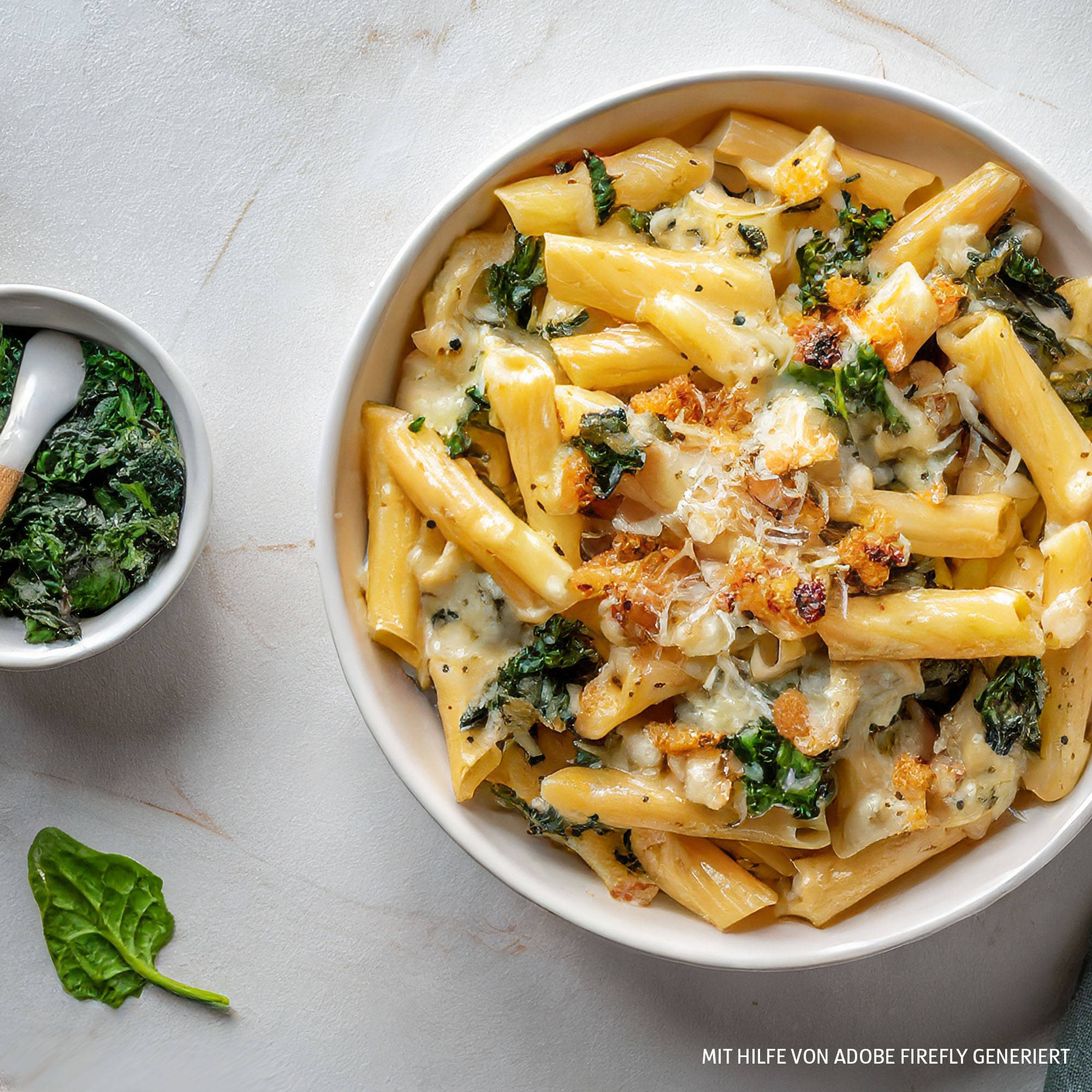 Grünkohl-Nudelauflauf mit Käsesauce und Röstzwiebeln