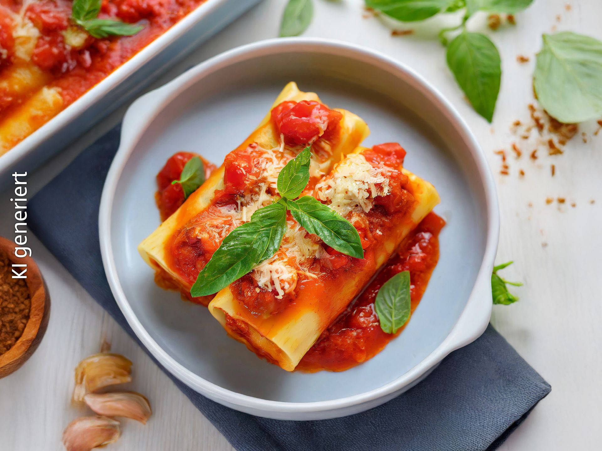 Caprese-inspirierte Cannelloni mit Tomaten, Mozzarella und Basilikum