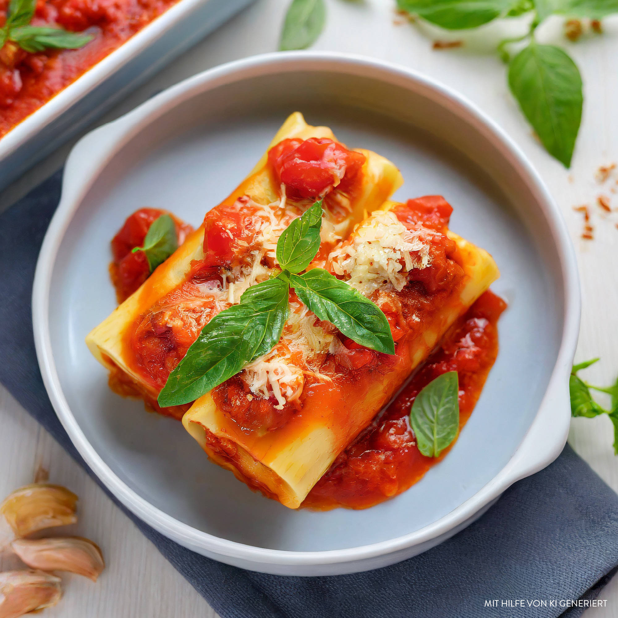 Serviervorschlag: Caprese-inspirierte Cannelloni mit Tomaten, Mozzarella und Basilikum