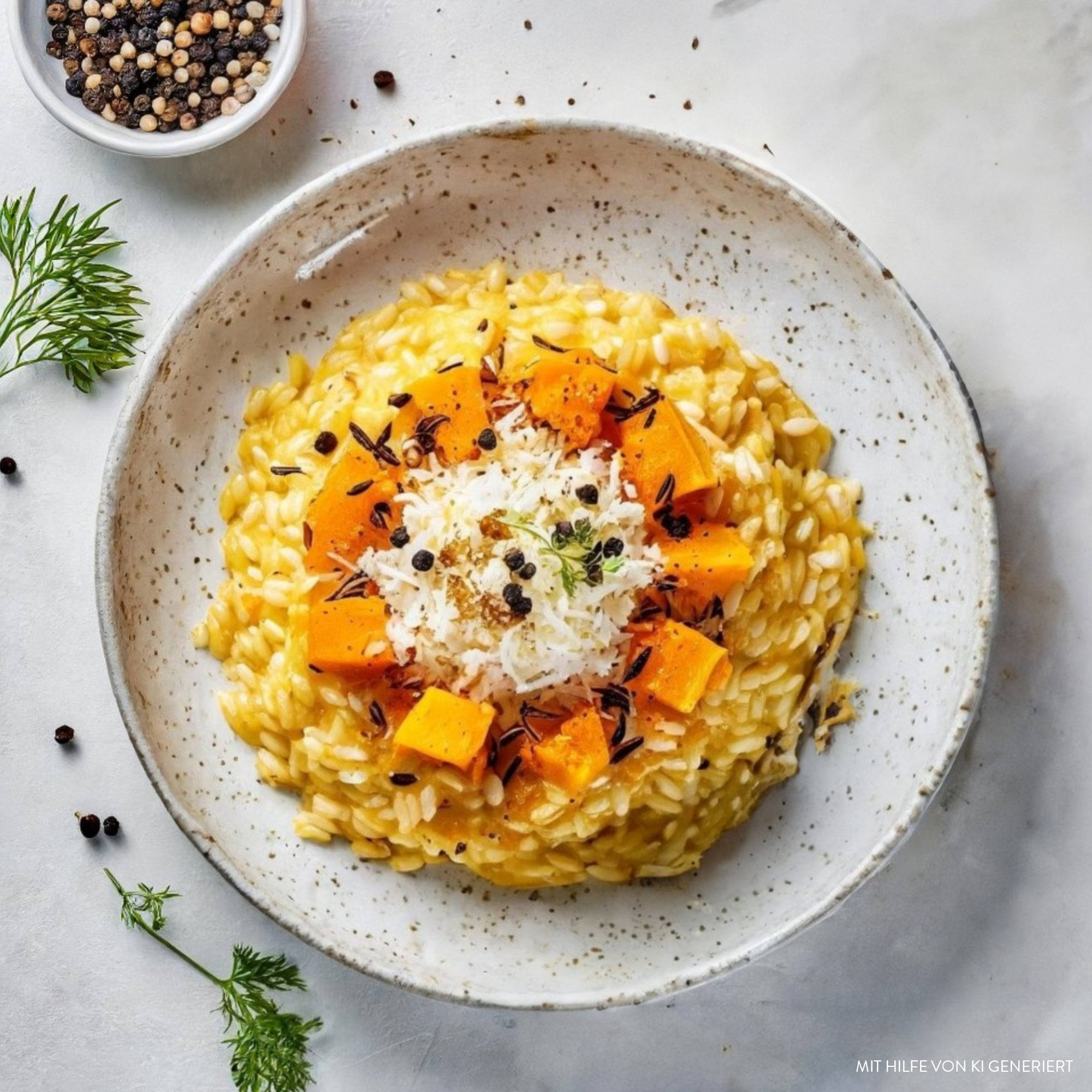 Serviervorschlag: Cremige Risoni mit geröstetem Butternut-Kürbis