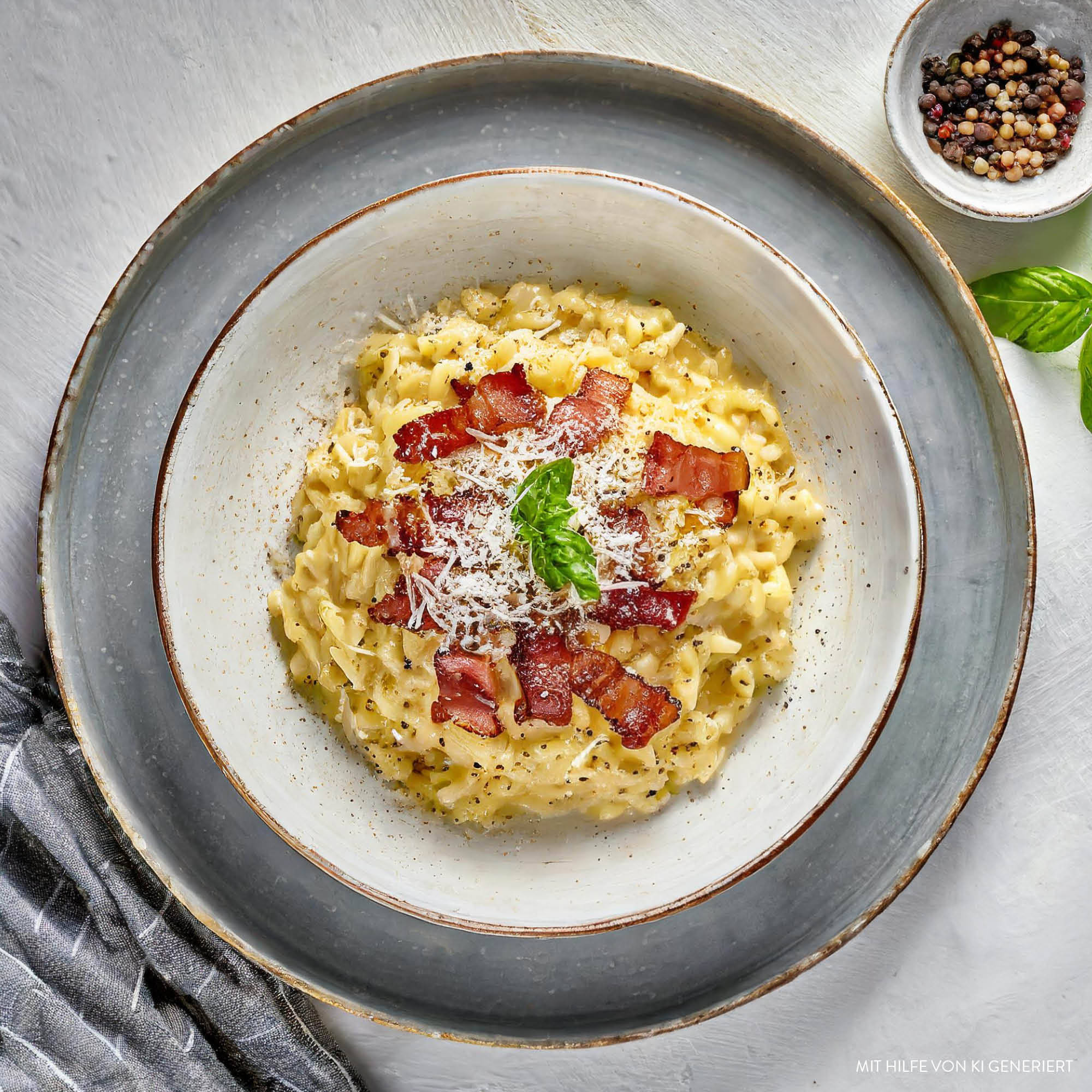 Serviervorschlag: Risoni-Carbonara mit Speck und Parmesan