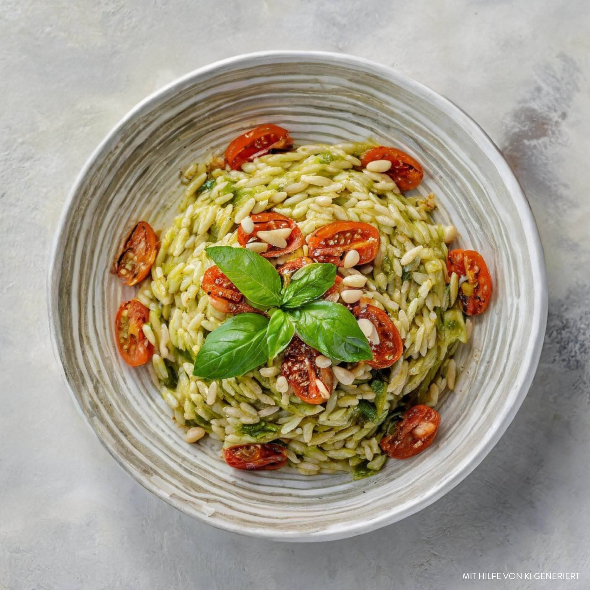 Serviervorschlag: Risoni mit Pesto-Genovese und Cherrytomaten