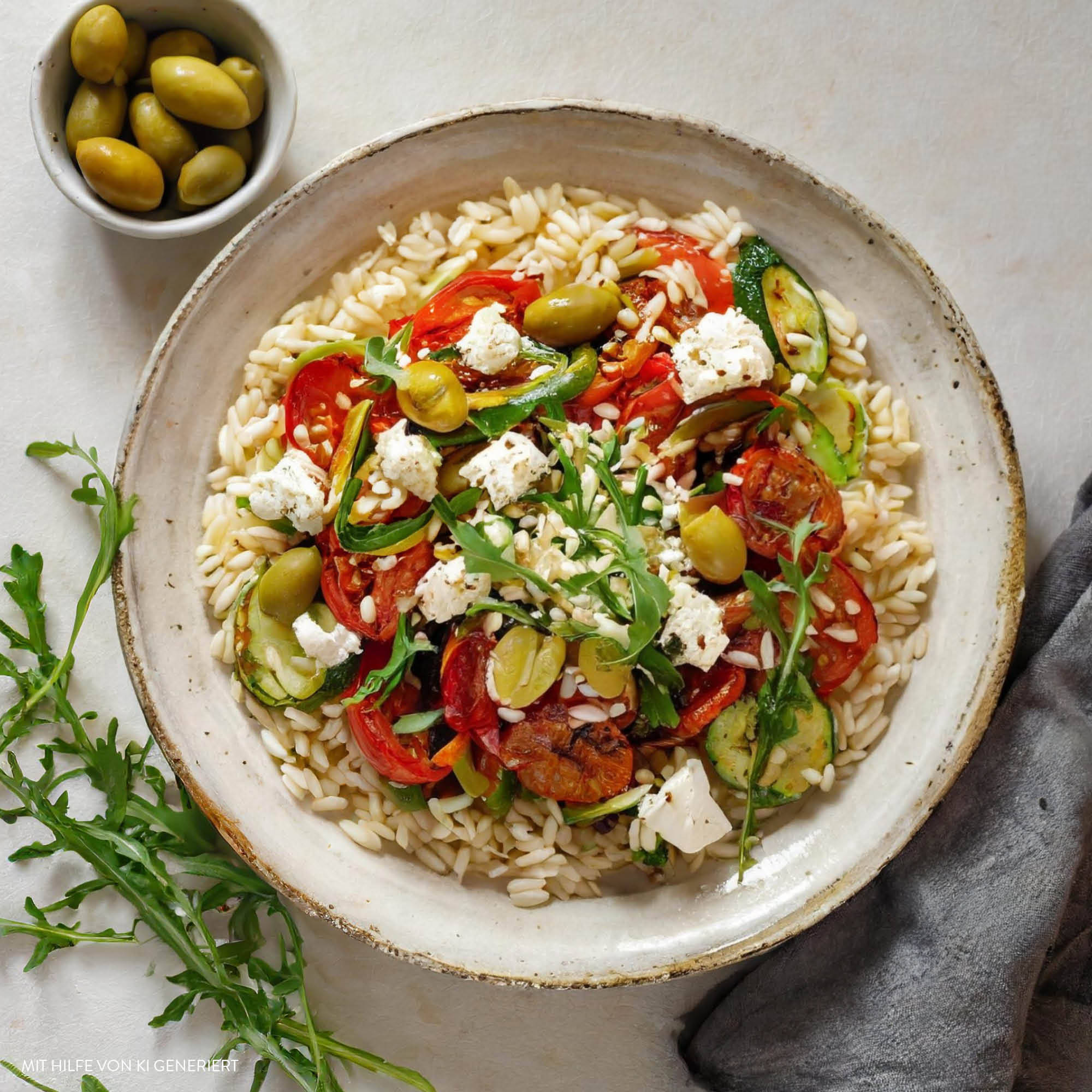 Mediterrane Risoni-Salat-Bowl mit gegrilltem Gemüse